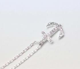 Make a wish cubic zirconia detail anchor pendant necklace in silver