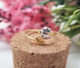 LadyBug and tiny leaf ring in gold Adjustable Ring