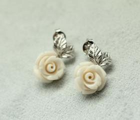 Delicate Rose Jasper with metal leaf post Earrings in silver