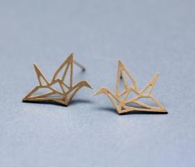 Origami Crane stud earrings in matte gold