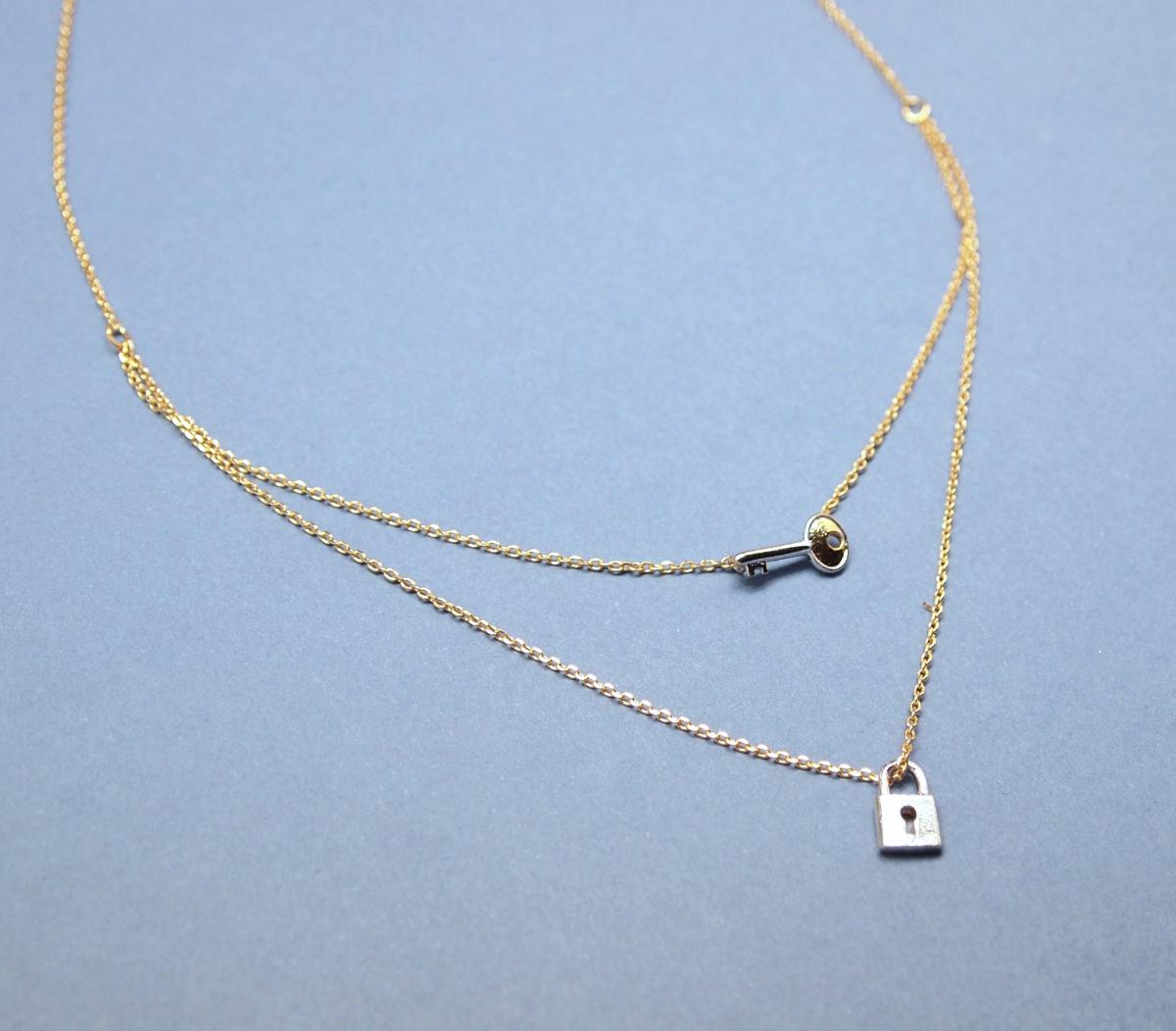 Key With Lock Double Layers Chain Necklace In Gold on Luulla